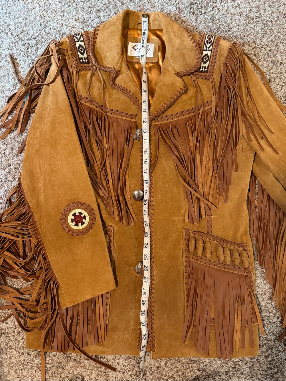 Scully Brown Suede Fringe Coat with Beaded Shoulder Accents